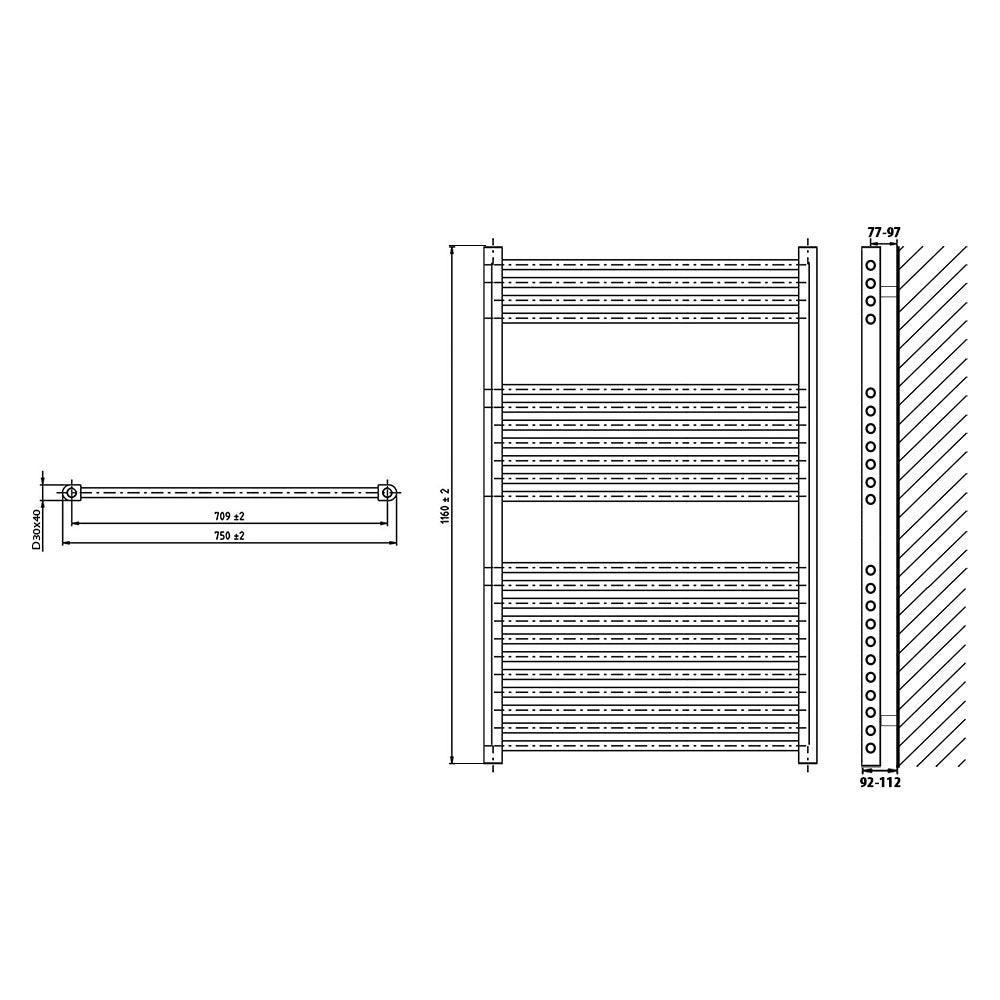 Badheizkörper gerade mit Stecker 1160 x 750 Elektroheizkörper Handtuchwärmer elektrischer Handtuchhalter Badezimmer Heizung technische Zeichnung - heizkoerper.shop