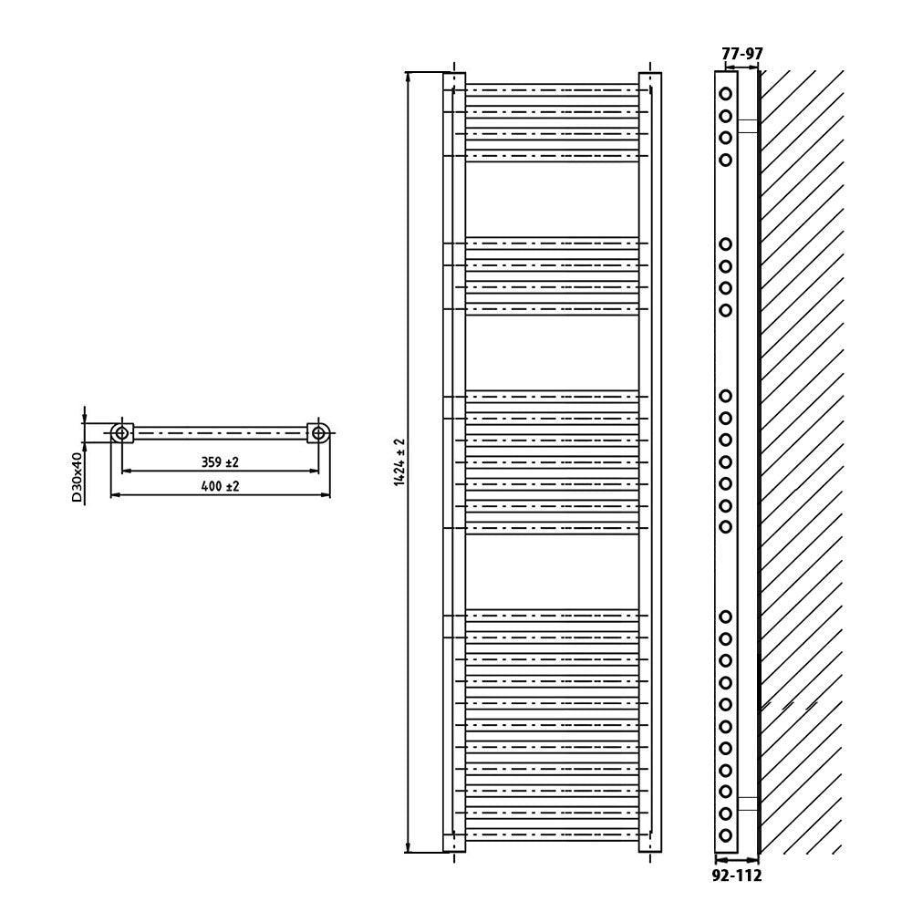 Badheizkörper gerade mit digitalem Thermotimer 1424 x 400 Elektroheizkörper Handtuchwärmer elektrischer Handtuchhalter technische Zeichnung - heizkoerper.shop