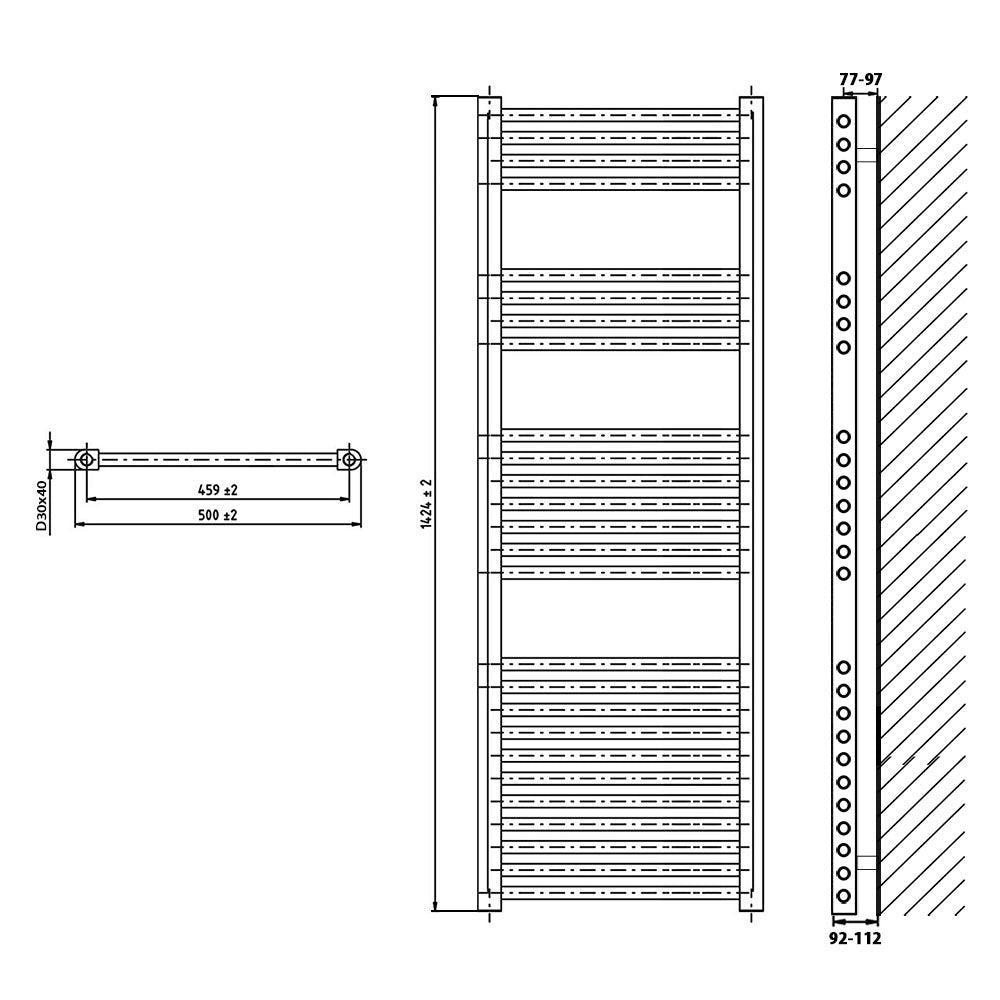 Badheizkörper gerade mit analogem Thermostat 1424 x 500 Elektroheizkörper Handtuchwärmer elektrischer Handtuchhalter technische Zeichnung - heizkoerper.shop