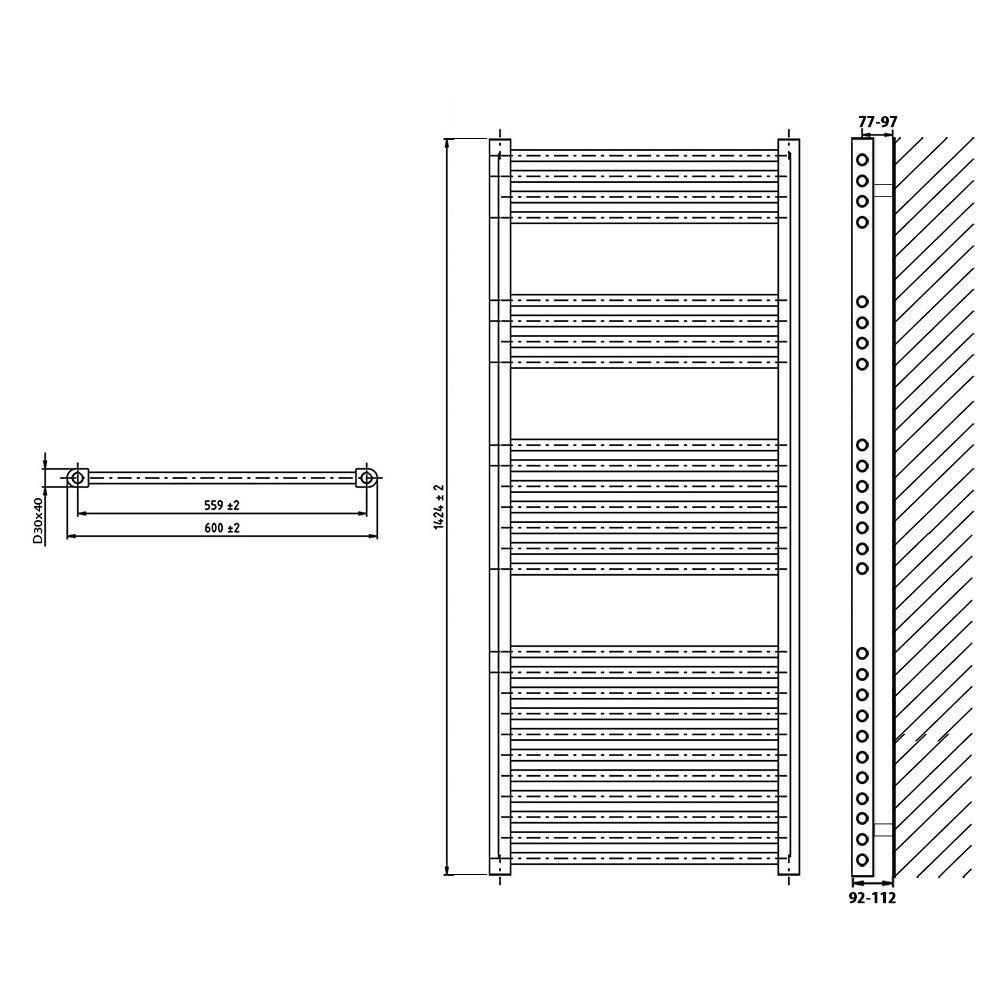 Badheizkörper gerade mit Stecker 1424 x 600 Elektroheizkörper Handtuchwärmer elektrischer Handtuchhalter Badezimmer Heizung technische Zeichnung - heizkoerper.shop