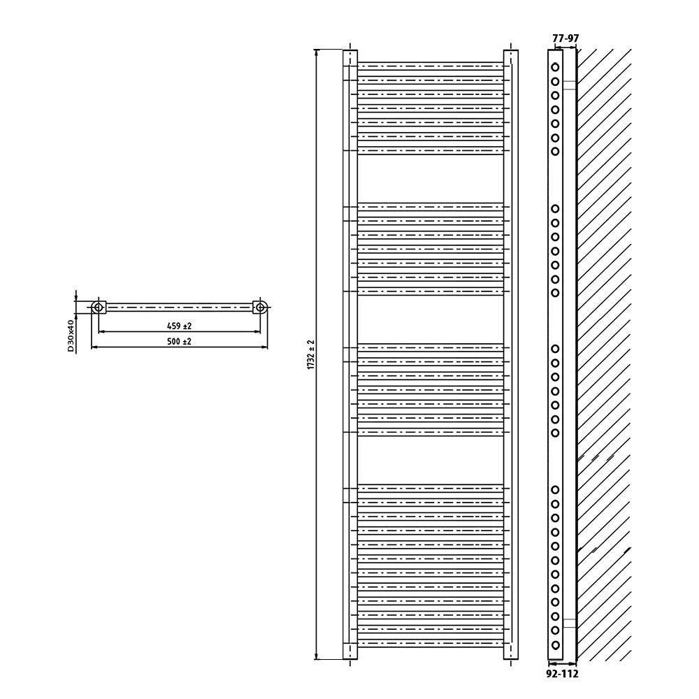 Badheizkörper gerade mit Stecker 1732 x 500 Elektroheizkörper Handtuchwärmer elektrischer Handtuchhalter Badezimmer Heizung technische Zeichnung - heizkoerper.shop