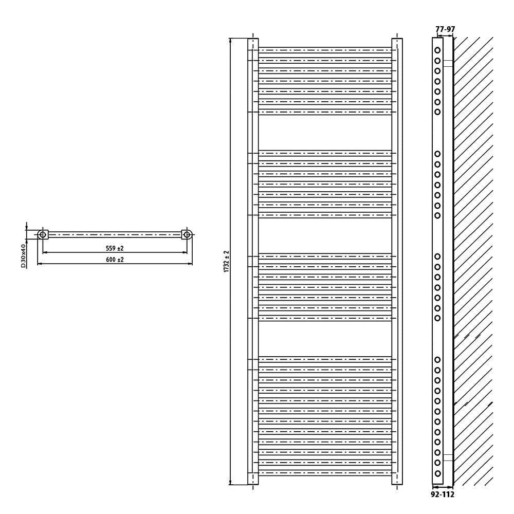 Badheizkörper gerade mit digitalem Thermotimer 1732 x 600 Elektroheizkörper Handtuchwärmer elektrischer Handtuchhalter technische Zeichnung - heizkoerper.shop