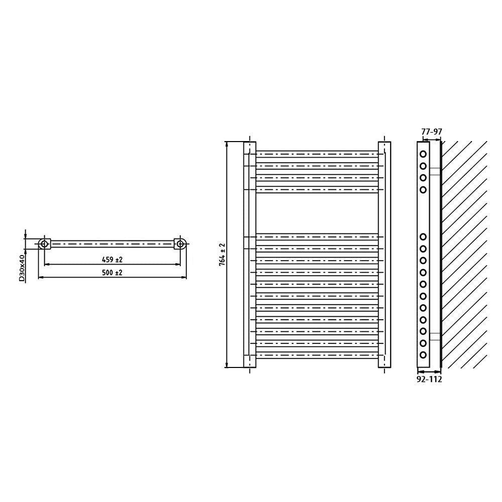 Badheizkörper gerade mit digitalem Thermotimer 764 x 500 Elektroheizkörper Handtuchwärmer elektrischer Handtuchhalter technische Zeichnung - heizkoerper.shop