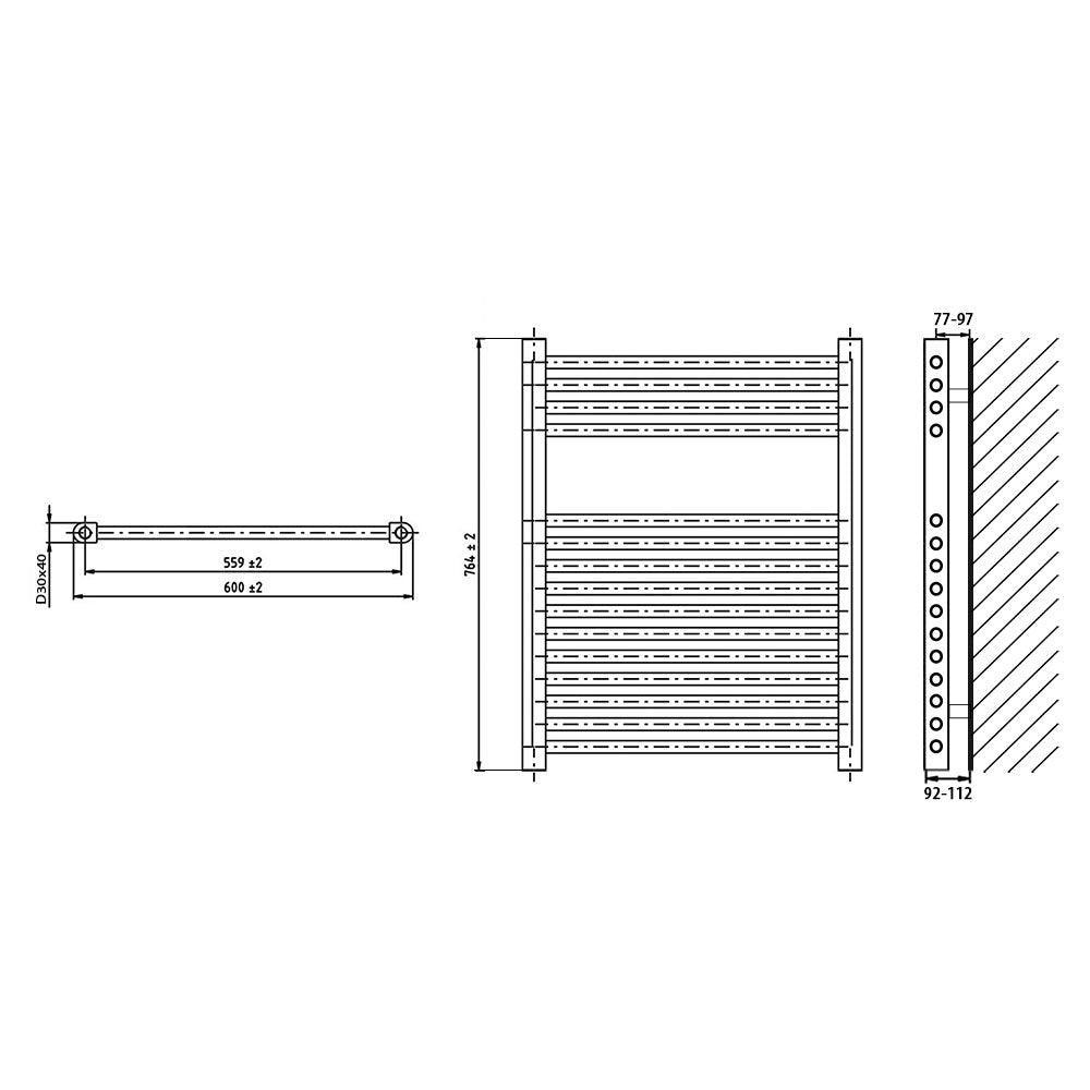 Badheizkörper gerade mit digitalem Thermotimer 764 x 600 Elektroheizkörper Handtuchwärmer elektrischer Handtuchhalter technische Zeichnung - heizkoerper.shop