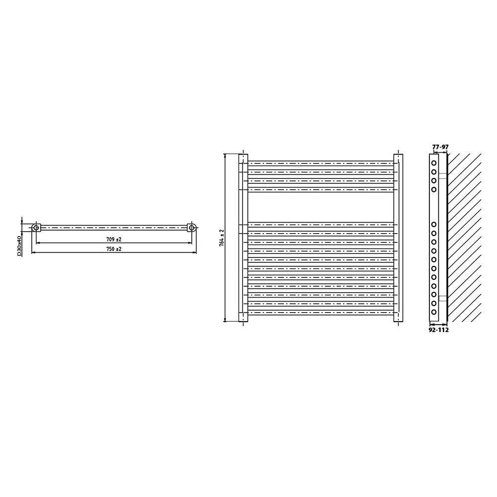 Badheizkörper gerade mit Stecker 764 x 750 Elektroheizkörper Handtuchwärmer elektrischer Handtuchhalter Badezimmer Heizung technische Zeichnung - heizkoerper.shop