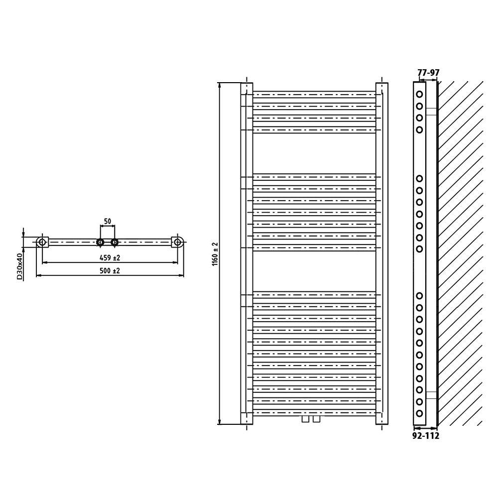Badheizkörper gerade mit Mittenanschluss 1160 x 500 Handtuchhalter Badezimmer Heizung Handtuchwärmer technische Zeichnung - heizkoerper.shop