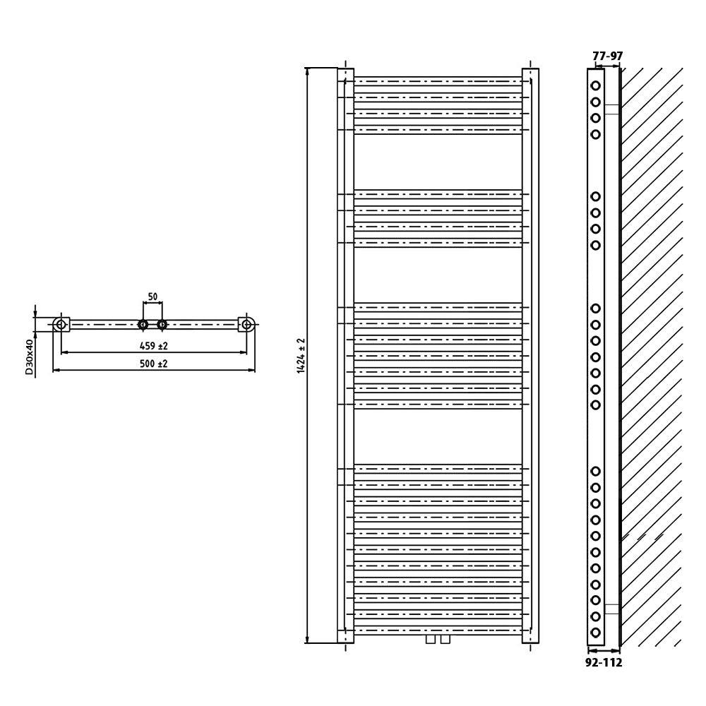 Badheizkörper gerade mit Mittenanschluss 1424 x 500 Handtuchhalter Badezimmer Heizung Handtuchwärmer technische Zeichnung - heizkoerper.shop