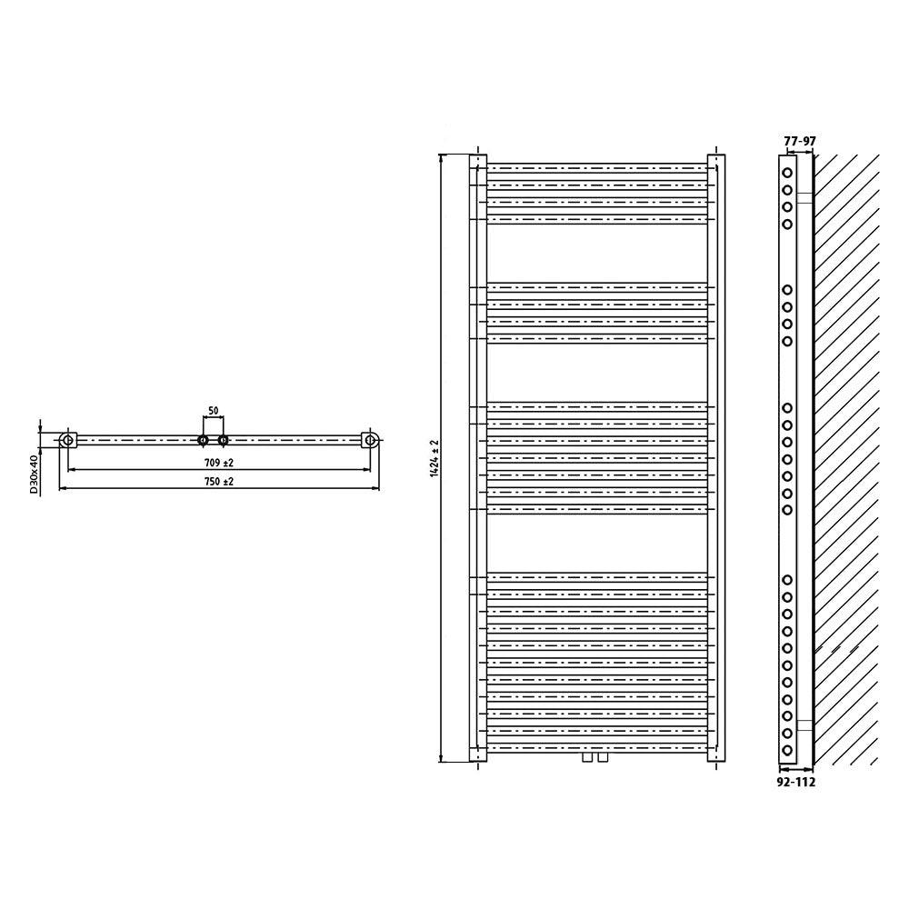 Badheizkörper gerade mit Mittenanschluss 1424 x 750 Handtuchhalter Badezimmer Heizung Handtuchwärmer technische Zeichnung - heizkoerper.shop