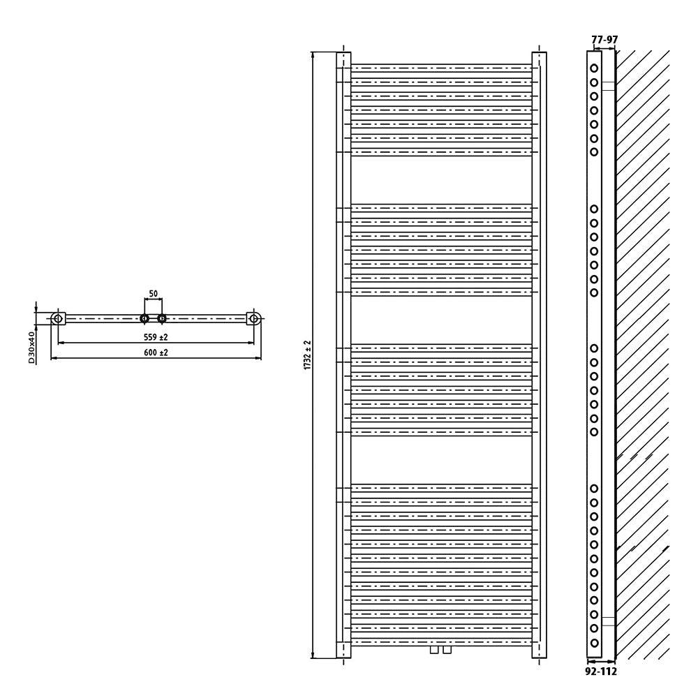 Badheizkörper gerade mit Mittenanschluss 1732 x 600 Handtuchhalter Badezimmer Heizung Handtuchwärmer technische Zeichnung - heizkoerper.shop
