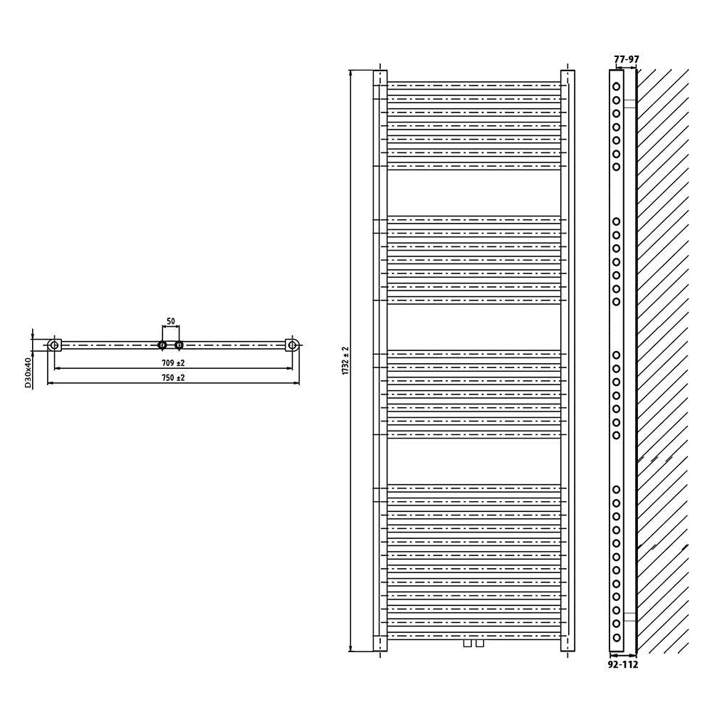 Badheizkörper gerade mit Mittenanschluss 1732 x 750 Handtuchhalter Badezimmer Heizung Handtuchwärmer technische Zeichnung - heizkoerper.shop