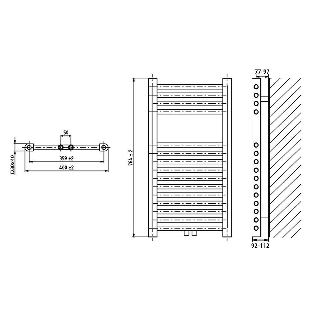 Badheizkörper gerade mit Mittenanschluss 764 x 400 Handtuchhalter Badezimmer Heizung Handtuchwärmer technische Zeichnung - heizkoerper.shop