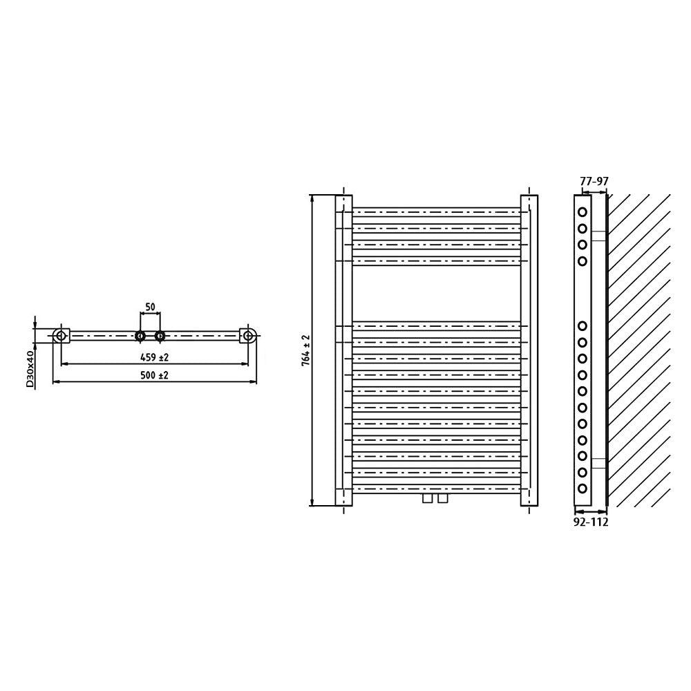 Badheizkörper gerade mit Mittenanschluss 764 x 500 Handtuchhalter Badezimmer Heizung Handtuchwärmer technische Zeichnung - heizkoerper.shop
