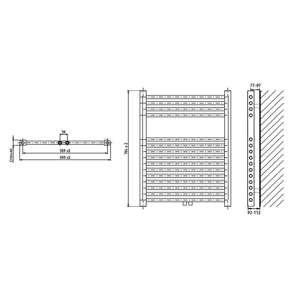 Badheizkörper gerade mit Mittenanschluss 764 x 600 Handtuchhalter Badezimmer Heizung Handtuchwärmer technische Zeichnung - heizkoerper.shop