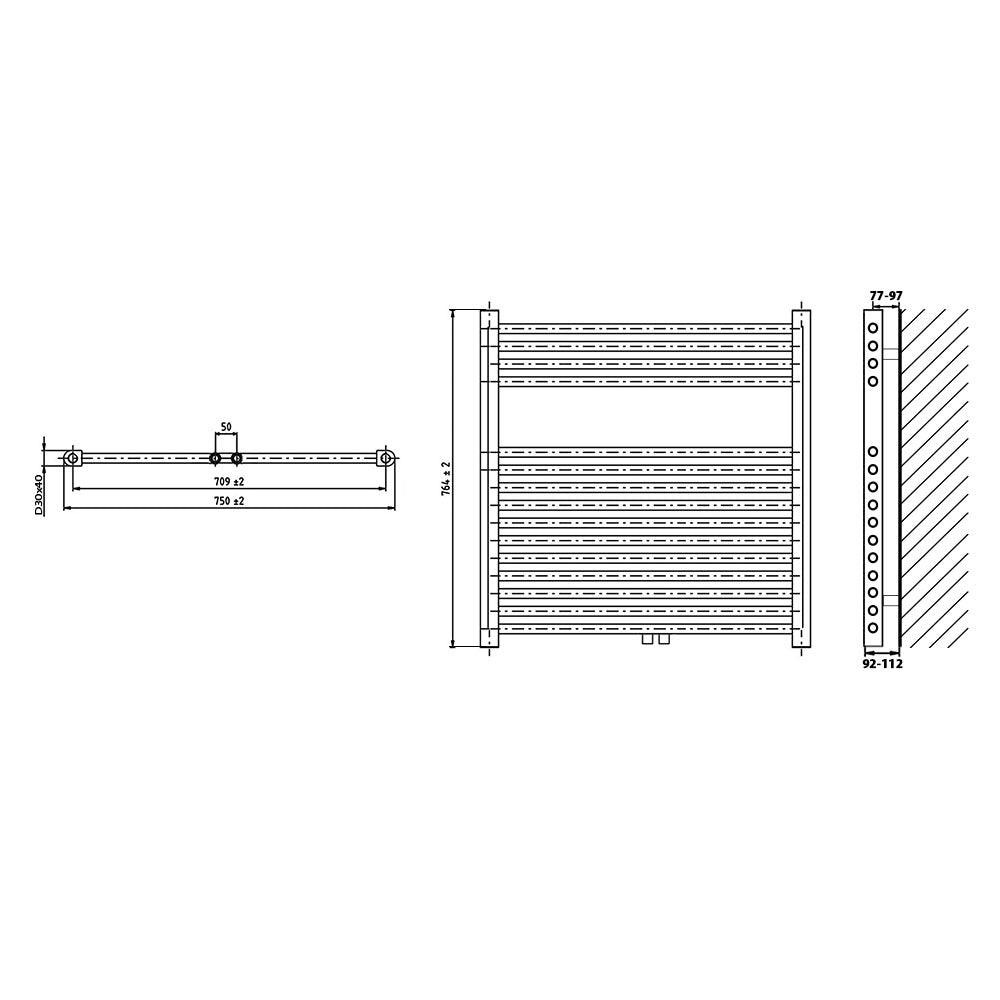 Badheizkörper gerade mit Mittenanschluss 764 x 750 Handtuchhalter Badezimmer Heizung Handtuchwärmer technische Zeichnung - heizkoerper.shop